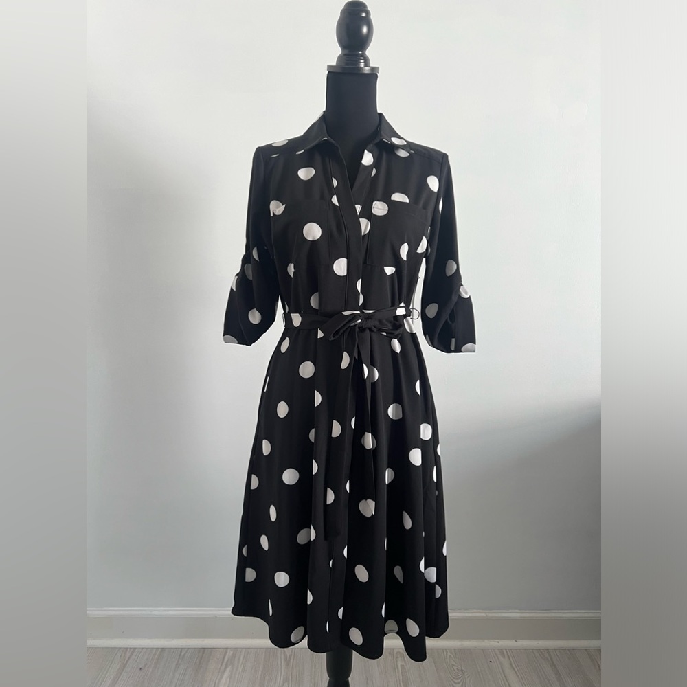 NY & CO Polka Dot Roll Tab Button Midi Dress, Black White, Petite Medium, NEW!